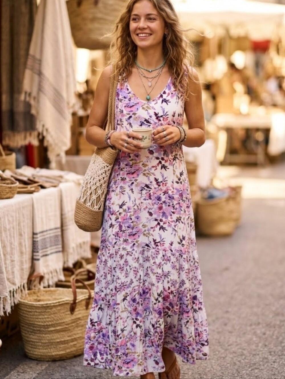 Lola P Maxi Dress Vintage Boho Cottagecore Floral Ruffle 90s